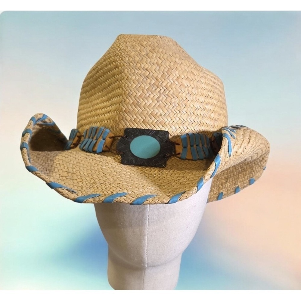 BULLHIDE  Delmar Straw Cowboy Hat Rodeo Leather & Faux Turquoise Buckle Size L